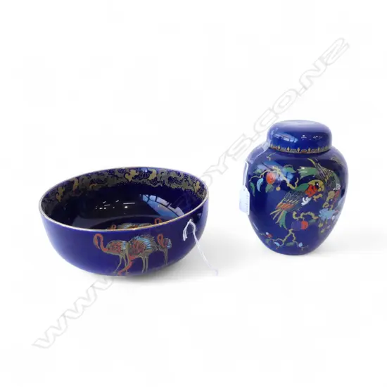 BURSLEYWARE LIDDED GINGER JAR H160 & FLAMINGO FRUIT BOWL DIA210MM