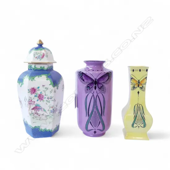 SHELLEY CHINA LIDDED JAR H240MM & 2 SHELLEY VASES H190MM