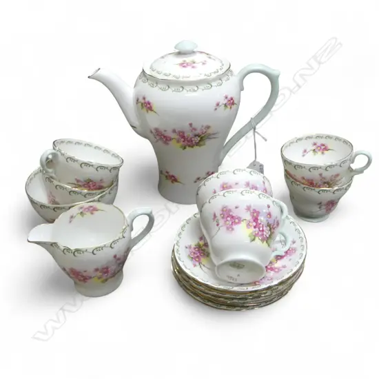 SHELLEY CHINA COFFEE SET COFFEE POT C/SUGAR & 6CS BLOSSEM PAT CRACK TO SUGAR BOWL