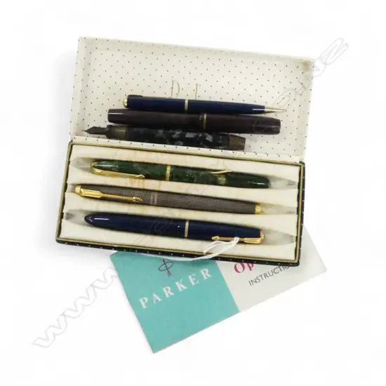 5 PARKER & CONWAY FOUNTAIN PENS with 14ct gold nibs. 1 missing cover + Parker propelling pencil