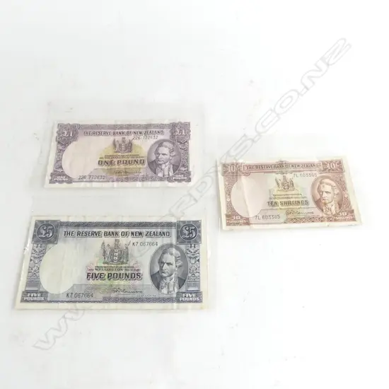 3 N.Z. PRE-DECIMAL NOTES; £5, £1 & 10 SHILLINGS