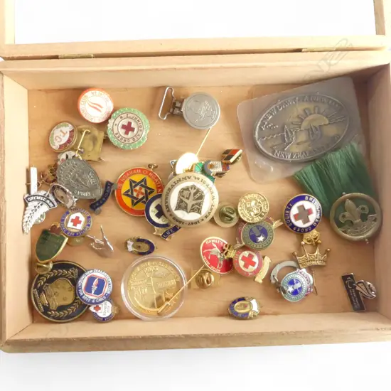 CIGAR BOX w. ASST. BADGES, PINS etc