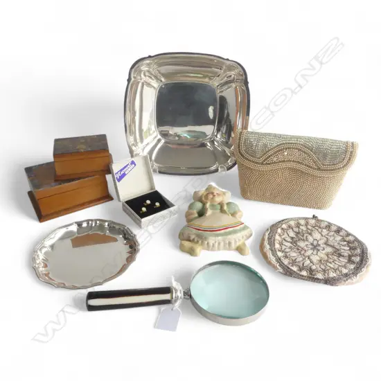 2 PAUA INLAID BOXES, 2 BEADED BAGS, 2 EP DISHES, MAG GLASS ETC