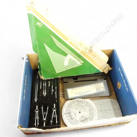 SMALL BOX 4 VINTAGE DRAUGHTSMAN TOOLS & ADJUSTABLE TRIANGLE  L370MM