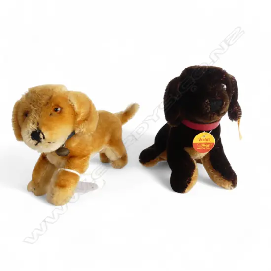 2 VINTAGE 'STEIFF' PUPPIES, 'WALDI' & OTHER both w BUTTON & TAG IN EAR, H.110mm