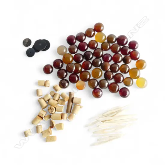 2 BAGS OF oriental SNUFF BOTTLE TOPS of various dark amber toned & other stones & gems + corks + spoons