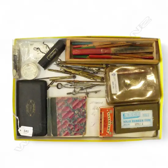 VINTAGE DRAWING ITEMS SEAL, TYPE, PENCILS, COMPASSES, CHEQUE BOOK ETC 