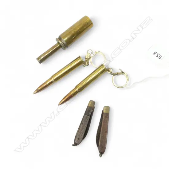 2 BULLET KEY RINGS S&B 8X57 JRS & FALKLAND BELL & 2 VINTAGE POCKET KNIVES