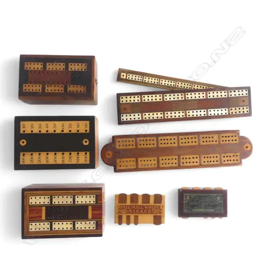 5 VINTAGE GAMES; CRIBBAGE ETC + 2 WHIST MARKERS