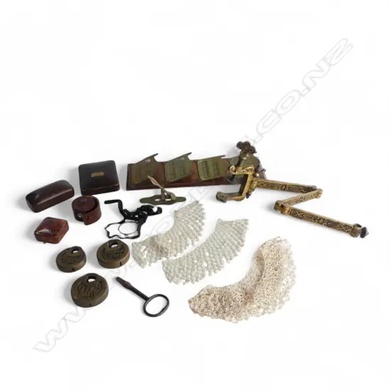 LETTER RACK L.320mm, BRASS HINGE, 3 BRASS LOCKS, 3 JEWELLERY BOXES,  MONOCLE ETC