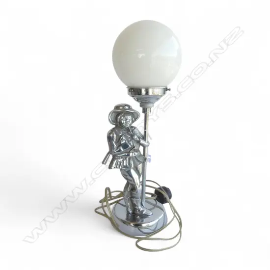 CHROME 1930S TABLE LAMP WITH FIGURAL SUPPORT AS A WOODSMAN WITH PIPE & AXE, H.480mm