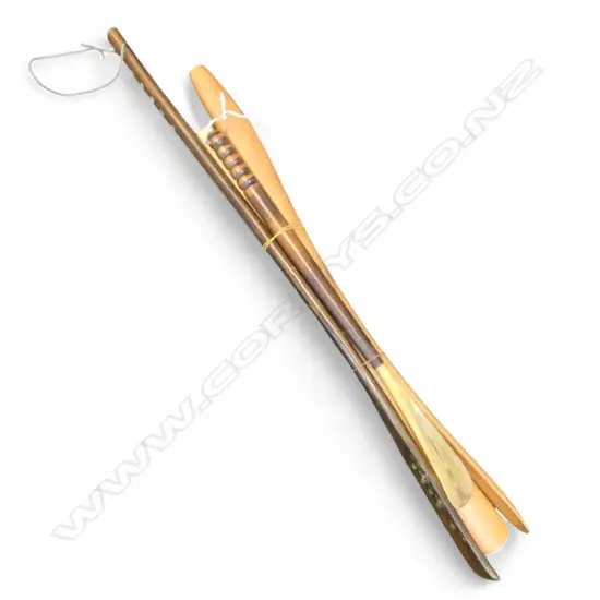 4 LONG WOODEN SHOE HORNS: horn & mother of pearl detail