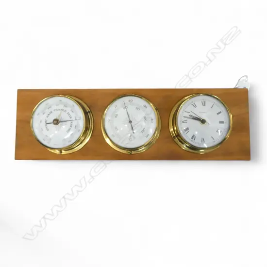 BRASS NAUTICAL CLOCK, BAROMETER & THERMOMETER MOUNTED ON BOARD W.460mm