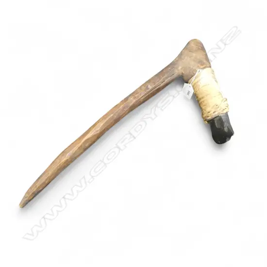 OLD WOODEN HAFTED ADZE W STONE ADZE BLADE L.480mmlashed to the head L.