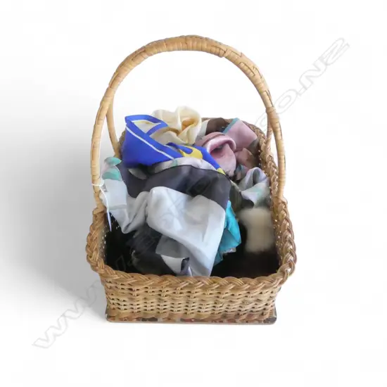 WICKER BASKET L450 WITH 9 VINTAGE SCARFS SOME SILK & 3 FUR COLLARS