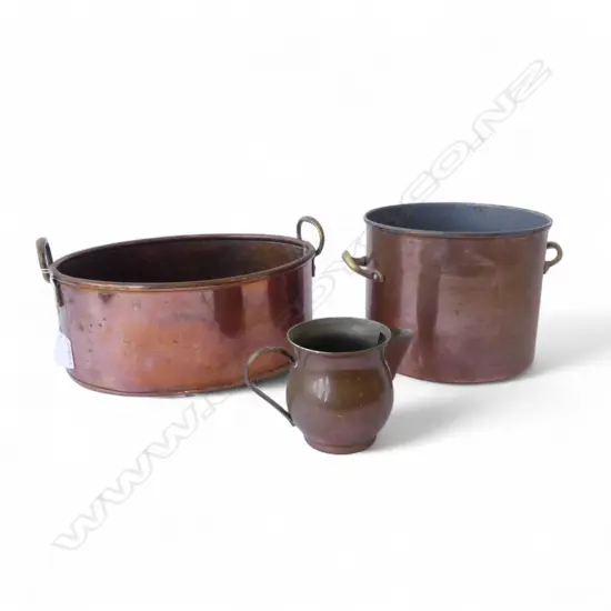 TWO COPPER PANS + JUG