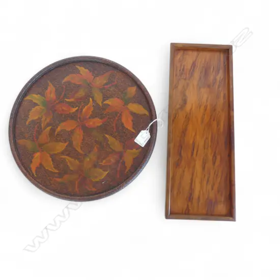 VINTAGE MOTTLED TOTARA TRAY, L.390mm & POKERWORK 'AUTUMN LEAVES' CIRCULAR TRAY, Did330mm