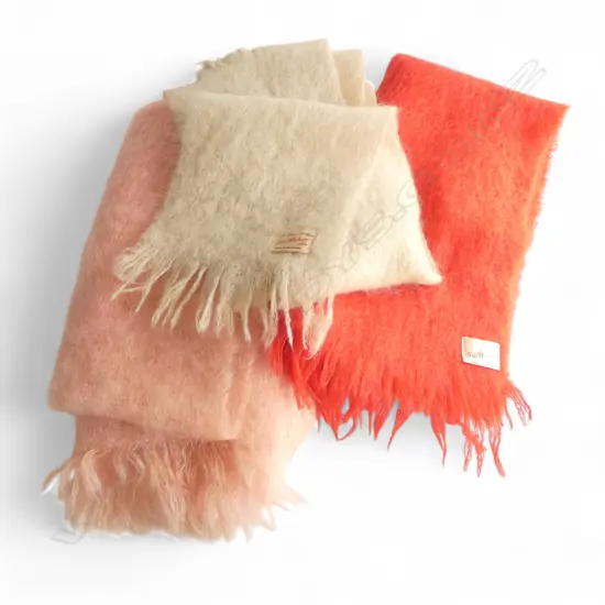 3 x MOHAIR SHAWLS: PINK + CREAM + RED. 2 labelled 'ALL MOHAIR Pile Made in Scotland'