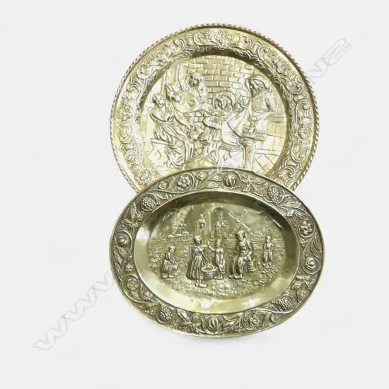 2 BRASS TRAYS; OVAL & ROUND 420mm dia