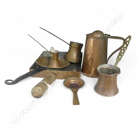 WOOD HANDLED COPPER TRAY, METAL/COPPER COLANDER & ASST. MEASURES etc (7)