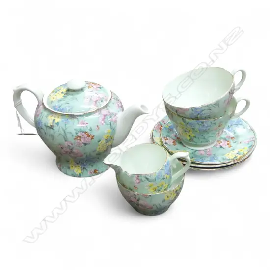SHELLEY CHINA AOF 3PC TEASET TEAPOT C/SUGAR 2 C/SS & SIDEPLATE