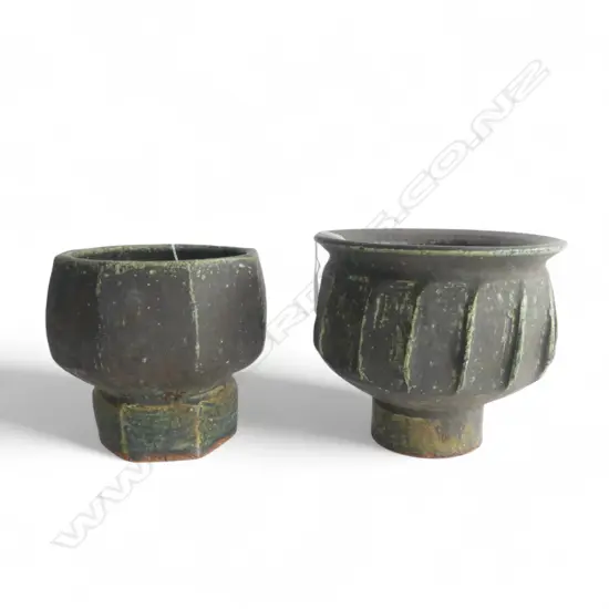2 WILF WRIGHT POTTERY PEDESTAL BOWLS one with chip. Dark green glaze. Impressed mark to ea. Lgest Dia.205mm