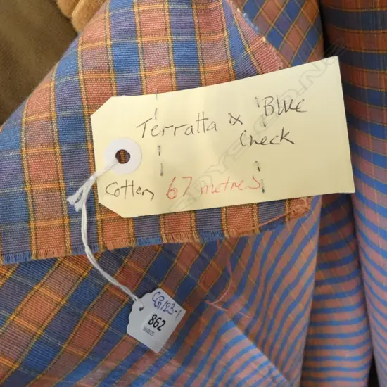 FABRIC BOLT; TERRATTA & BLUE CHECK, COTTON, 67M