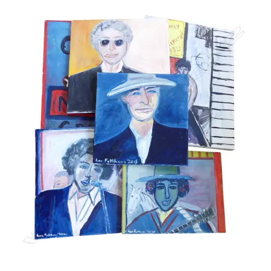 LEE FELTHAM, VARIOUS STUDIES BOB DYLAN , ACRYLIC ON BOARD & CANVAS , LGST 760 X 510 MM provenance below