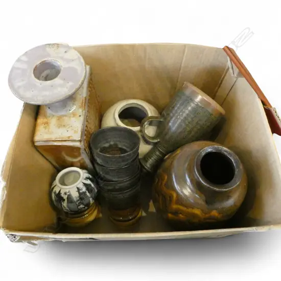 ASST. STUDIO POTTERY INCL. PETER STICHBURY OIL BOTTLE (chip) & 4 CUPS ETC