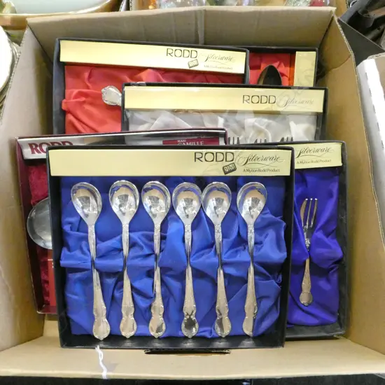 6 BOXED SETS RODD CAMILLE CUTLERY CAKE FORKS, PARFAIT SPOONS, SALAD SERVERS ETC