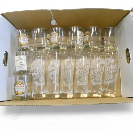 8 GRANT’S SCOTCH WHISKY GLASSES & 6 PERONI BEER GLASSES, H.195MM H.100MM