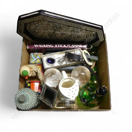 ASST. ITEMS; 2 GLASS GLOBES, CLOWN TOY, MoP TRAY W.460mm ETC