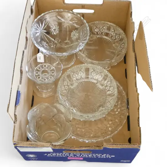 VINTAGE DEPRESSION GLASS 3 VASES, 2 BOWLS, & CAKE PLATTER GOOD CONDITION