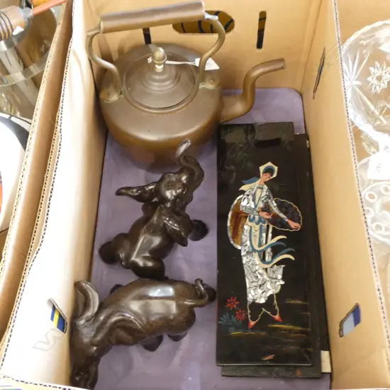 3 ITEMS; COPPER KETTLE H.260mm, 2 CERAMIC ELEPANTS, 3 ORIENTAL LACQUER PANELS 350x115mm