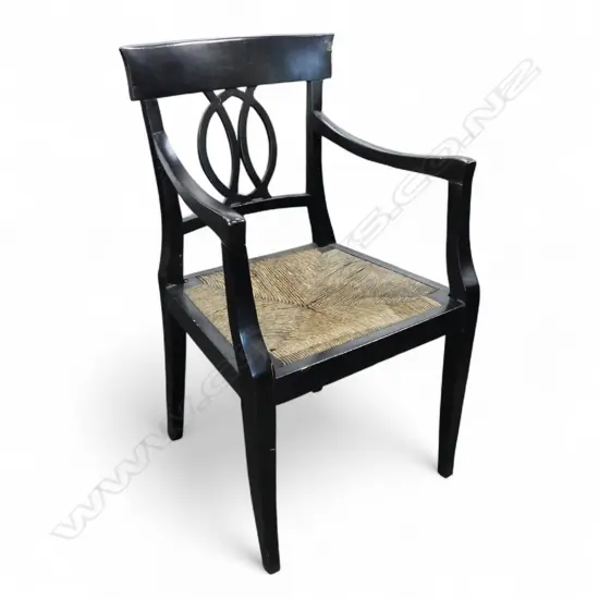 EBONISED ARMCHAIR, some wear