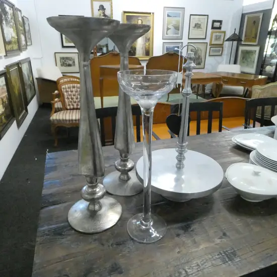 PR SILVER METAL CANDLEHOLDERS H.620mm + STAND & CRYSTAL CANDLEHOLDER H.500mm