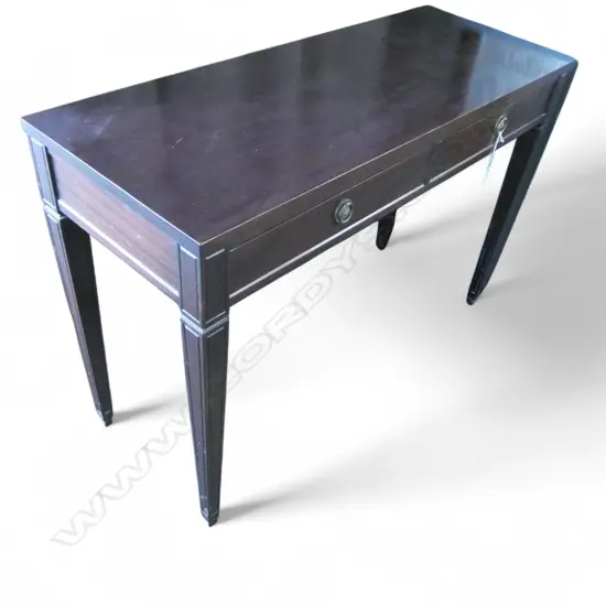 DARK STAINED MAHOGANY SIDE TABLE tapered sq legs. Copper ring handles 1065 x 405 x 720mm