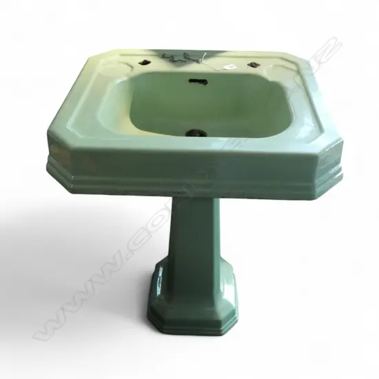 2 PCE DECO / VINTAGE GREEN ENAMELLED CAST IRON PEDESTAL SINK