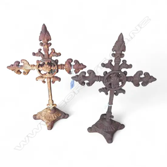 2 VINTAGE CAST IRON CROSS ORNAMENTS 