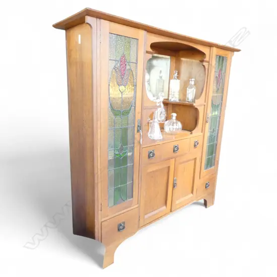ARTS & CRAFTS OAK LEAD LIGHT CABINET 1810x515x1830mm