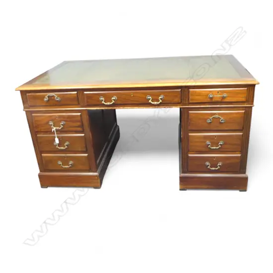 QUALITY MODERN ANTIQUE STYLE TWIN PEDESTAL DESK green tooled leather top panelled sides