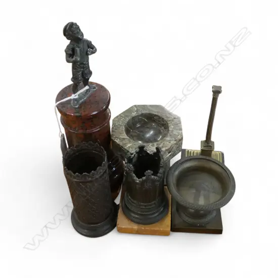 6 PCES; 2 PENCIL HOLDERS, URN, COLUMN, STATUETTE H.240mm, MARBLE FOOTED BOWL (AF)