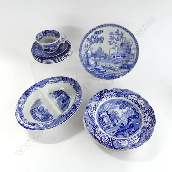 15 PCES B/W SPODE; 6 DINNER PLATES 265mm dia, 2 LG BOWLS, 4 CEREAL (1 CHIP), TRIO