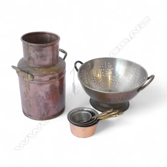 COPPER MILK CAN, COLANDER & 4 COPPER MEASURING CUPS