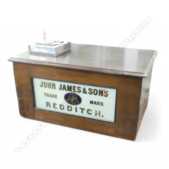 3 DRAWER COUNTER CABINET, JOHN JAMES & SON REDDITCH, 500x330x250mm, front glass panel cracked