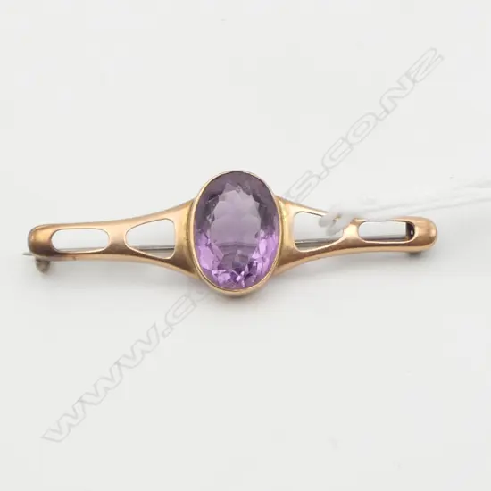 RETRO 9ct ROSE GOLD & AMETHYST BROOCH 4.68gms