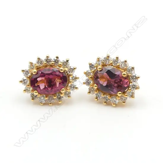 PR 14ct DIAMOND & PINK TOURMALINE EARRINGS, stud backs