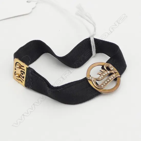 c1900 9ct GOLD MOUNTED & SEED PEARL BLACK RIBBON BRACELET 2 to 3gm gold weight   