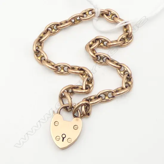 EARLY 20thC ROSE GOLD CAPSTAN LINK BRACELET heart padlock clasp 10gms