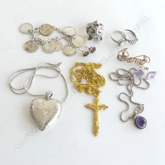 ASST. SILVER JEWELLERY, CZ EARRINGS & GOLD PLATED CROSS on CHAIN, chain stamped 18k but tests as plated